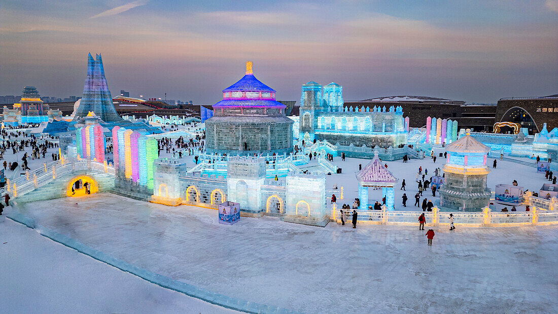 Aerial of the Illuminated buildings made out of ice, Ice International Ice and Snow Sculpture Festival, Harbin, Heilongjiang, China, Asia