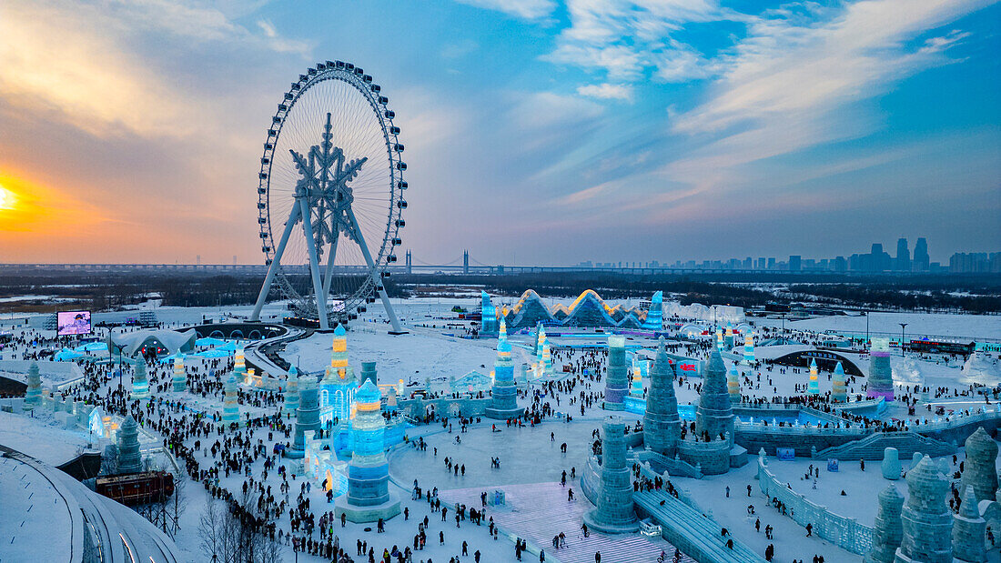 Aerial of the Illuminated buildings made out of ice, Ice International Ice and Snow Sculpture Festival, Harbin, Heilongjiang, China, Asia