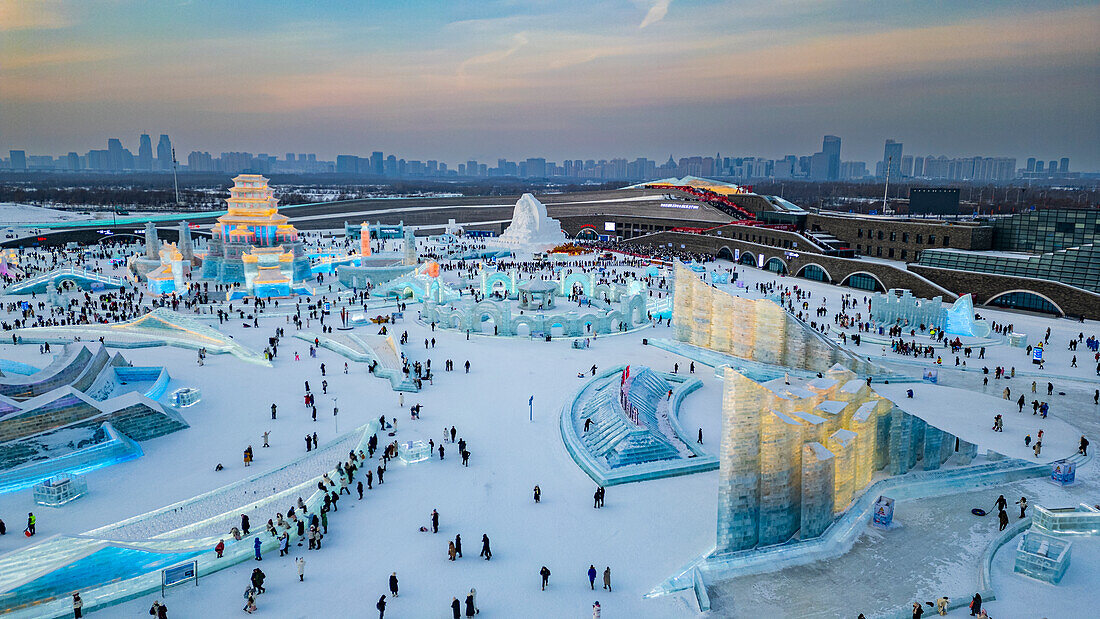 Aerial of the Illuminated buildings made out of ice, Ice International Ice and Snow Sculpture Festival, Harbin, Heilongjiang, China, Asia