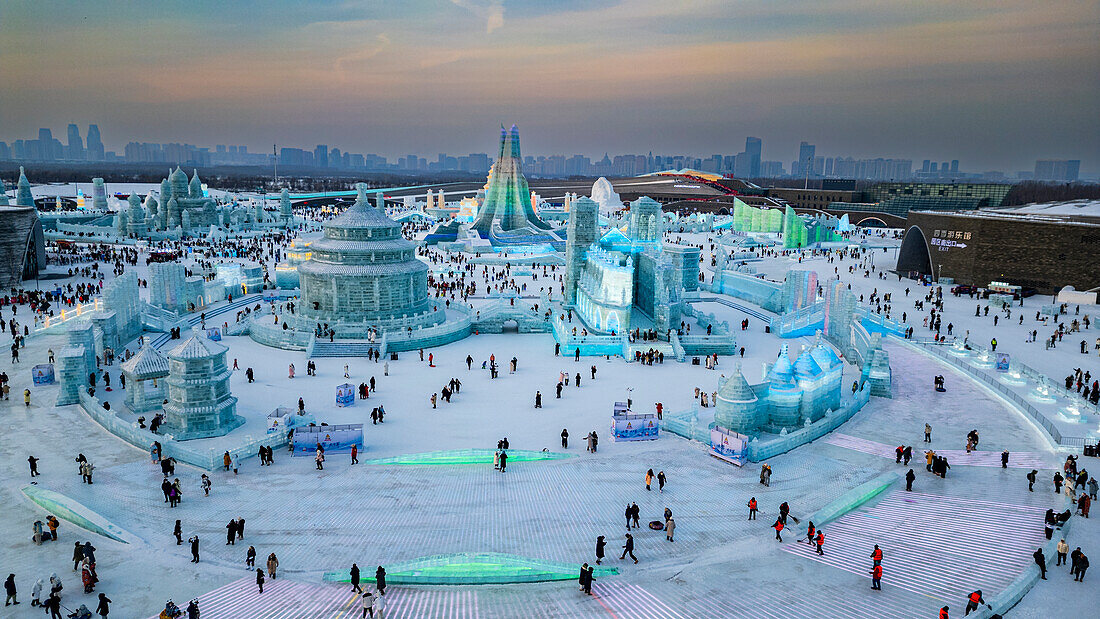 Aerial of the Illuminated buildings made out of ice, Ice International Ice and Snow Sculpture Festival, Harbin, Heilongjiang, China, Asia