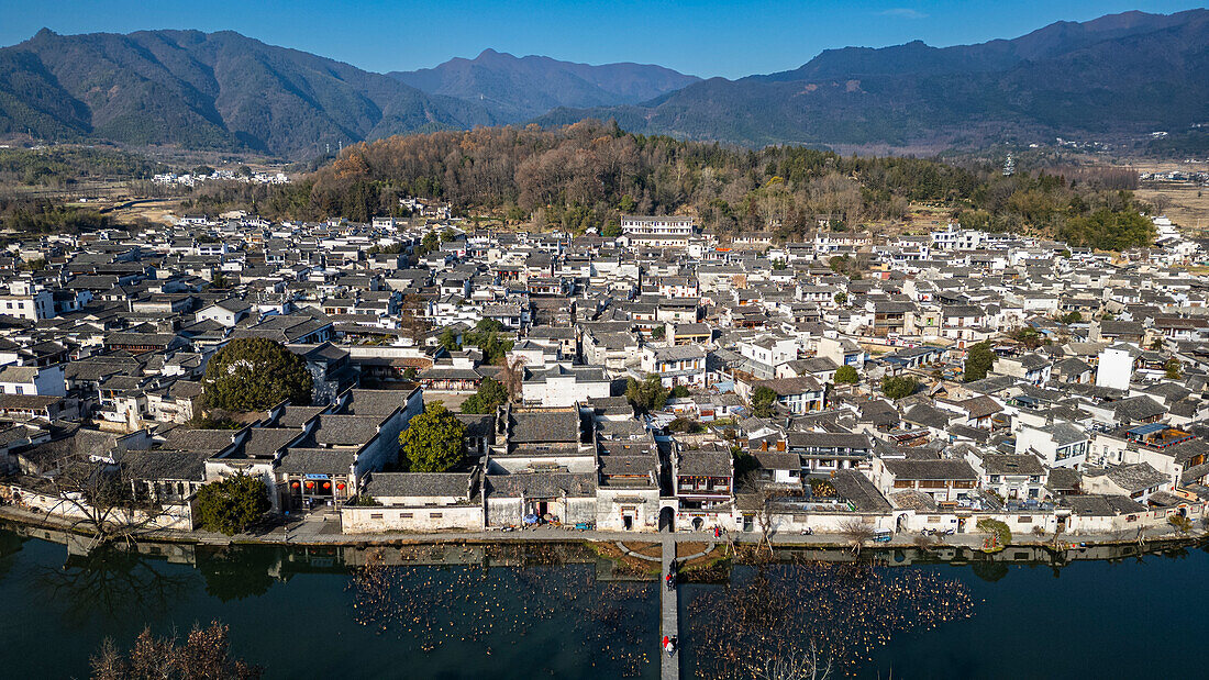 Aerial of Hongcun historical village, UNESCO World Heritage Site, Huangshan, Anhui, China, Asia