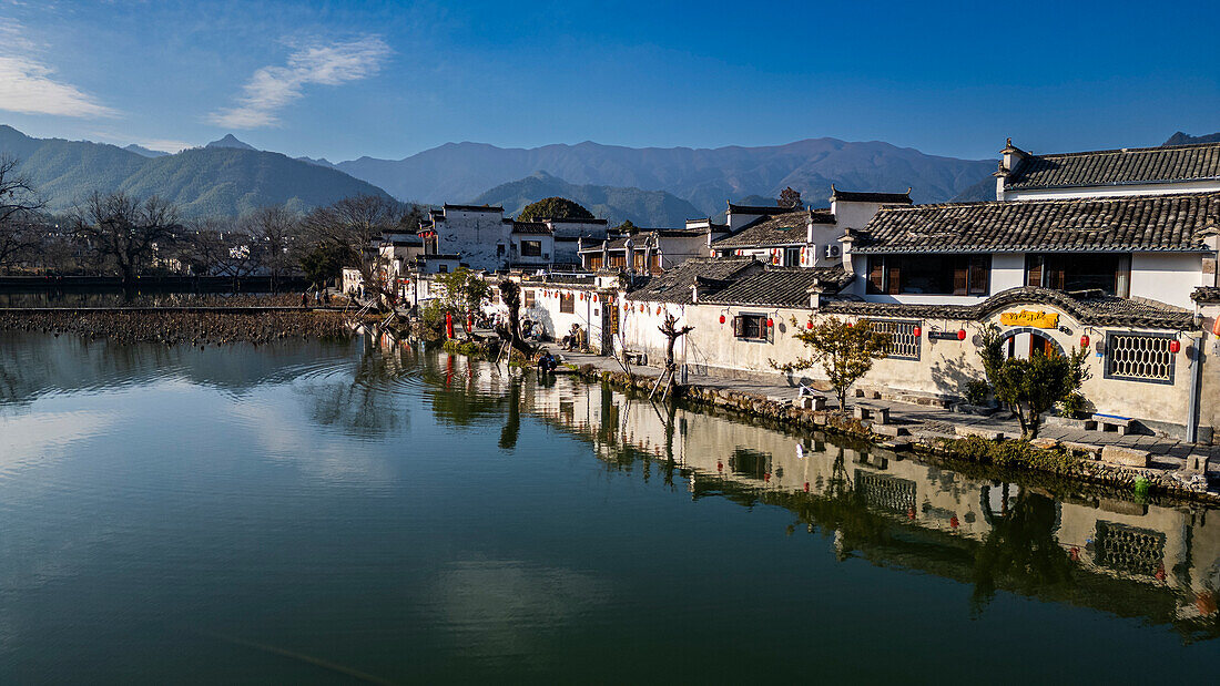 Aerial of Hongcun historical village, UNESCO World Heritage Site, Huangshan, Anhui, China, Asia