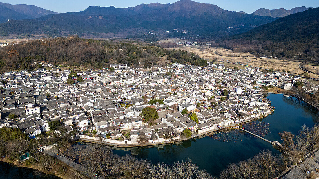 Aerial of Hongcun historical village, UNESCO World Heritage Site, Huangshan, Anhui, China, Asia