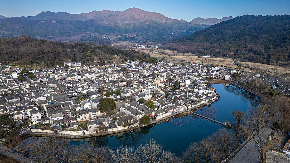 Aerial of Hongcun historical village, UNESCO World Heritage Site, Huangshan, Anhui, China, Asia