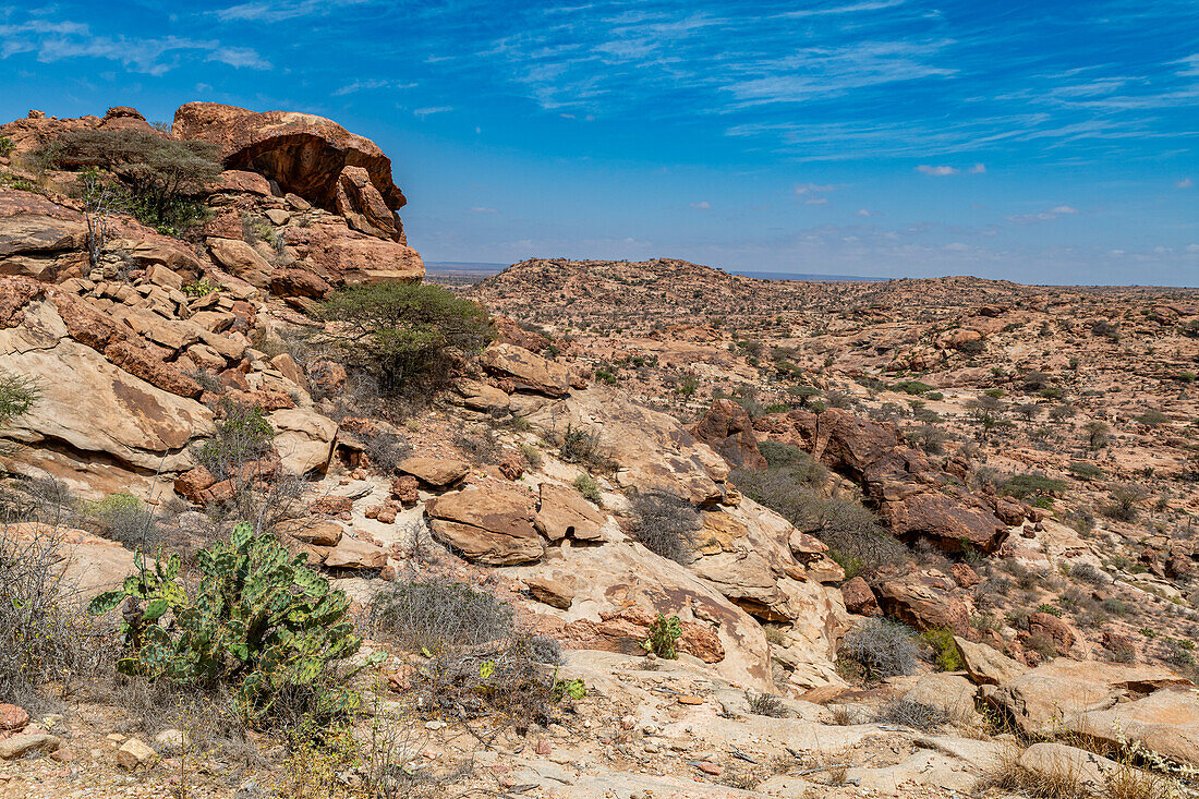 Ausblick von den Felsmalereien von Laas Geel, nahe Hargeisa, Somaliland, Somalia, Afrika