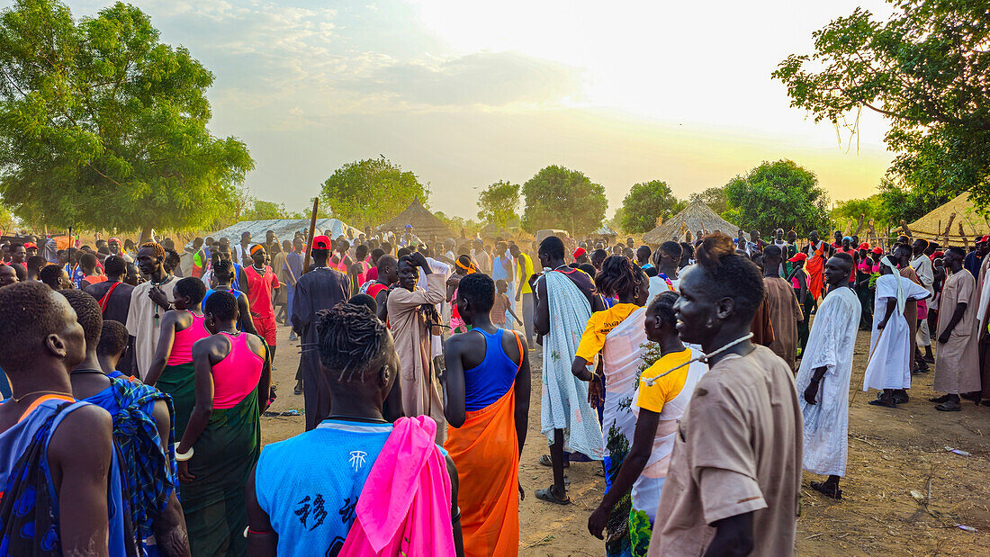 Crowds of locals at a traditional Dinka wedding, Bor, central region, South Sudan, Africa