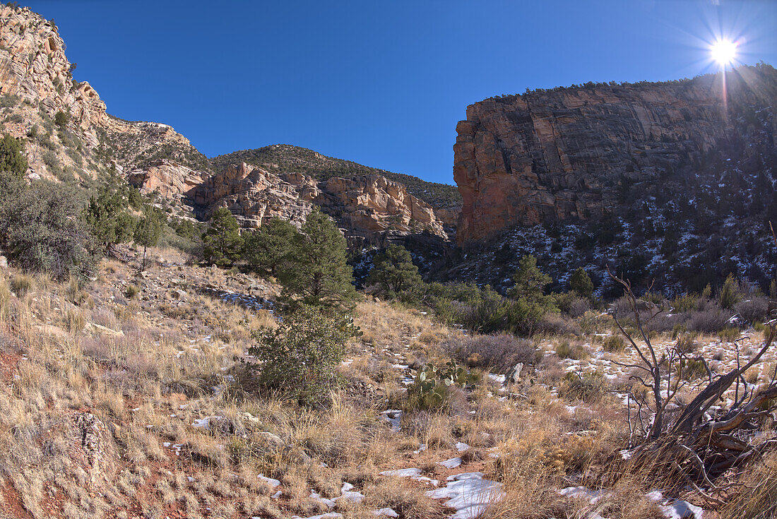 Off trail view of Waldron Canyon southwest of Hermit Canyon in winter, accessible via Hermit Trail to the Waldron Trail Junction, Grand Canyon, Arizona, United States of America, North America