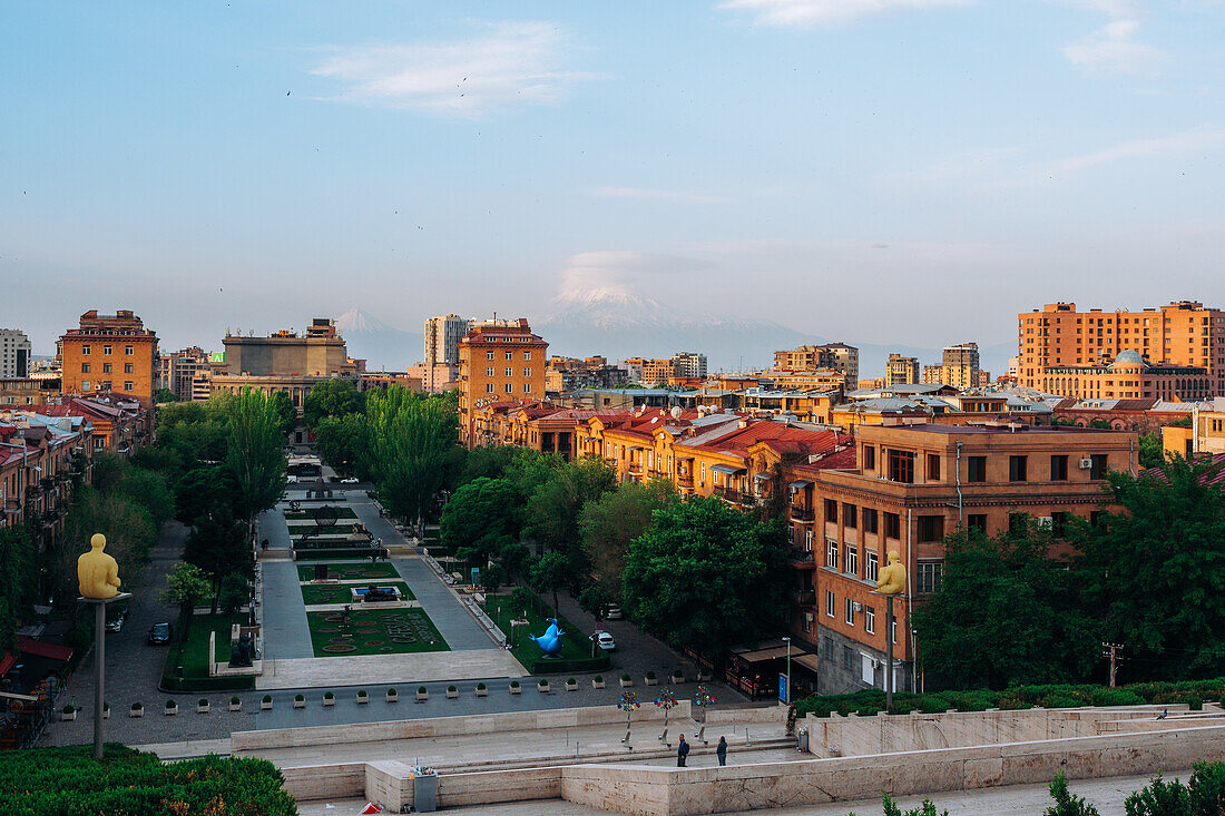 The view from the Cascade Complex of Mount Ararat and Yerevan, Armenia (Hayastan), Caucasus, Central Asia, Asia