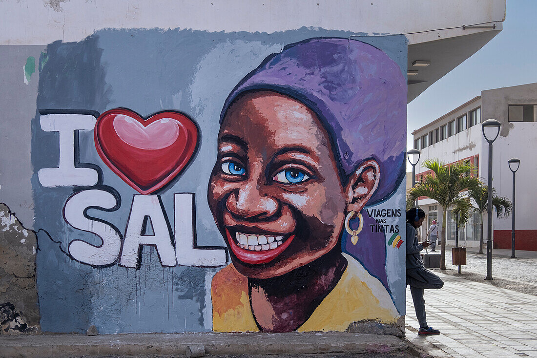 I Love Sal Wall Mural decorating a building in Santa Maria Town, Santa Maria, Sal, Cape Verde Islands, Atlantic, Africa