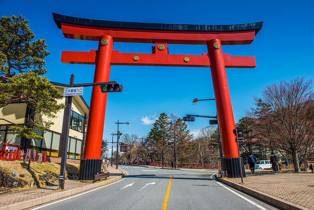 Red gate in Chuzenjiko Onsen, UNESCO World Heritage Site, Tochigi Prefecture, Nikko, Kanto, Honshu, Japan, Asia