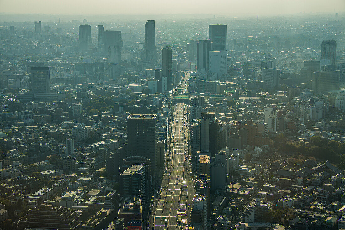 Dunstiger Blick über Tokio vom Mori Tower, Roppongi Hills, Tokio, Honshu, Japan, Asien