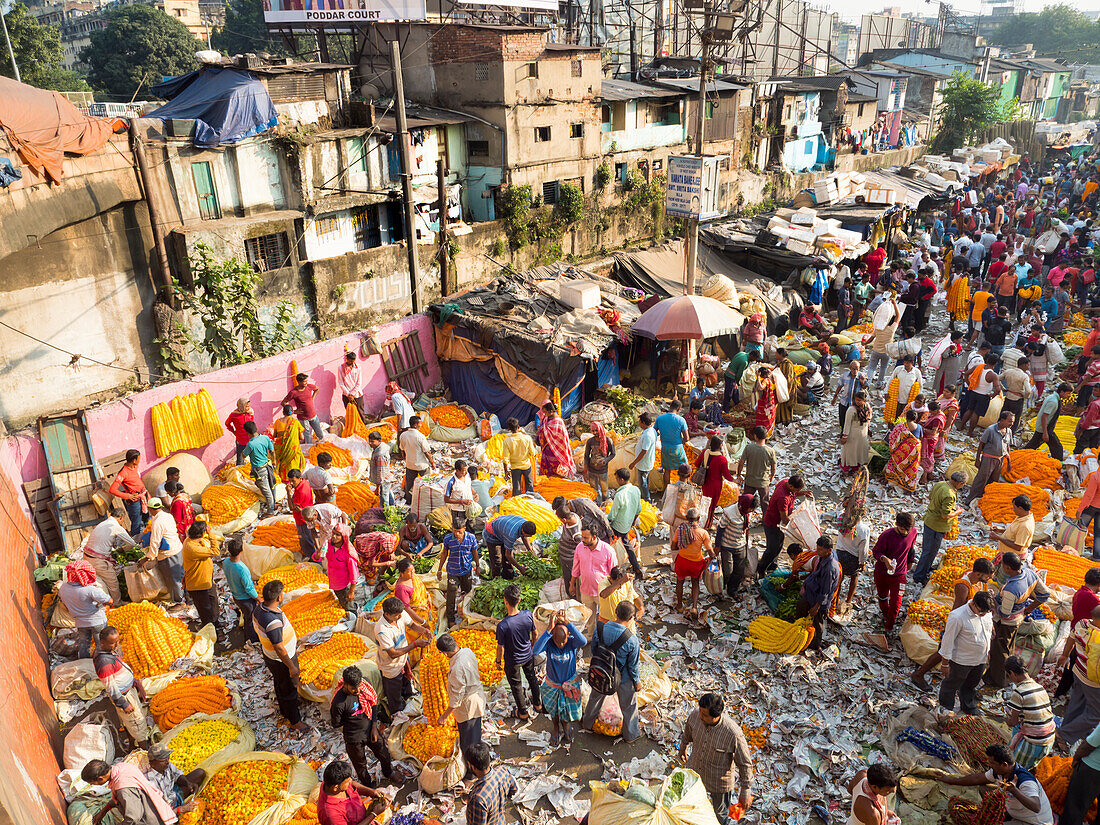 Howrah Bridge Mullick Ghat flower market, Howrah Bridge, Kolkata, West Bengal, India, Asia