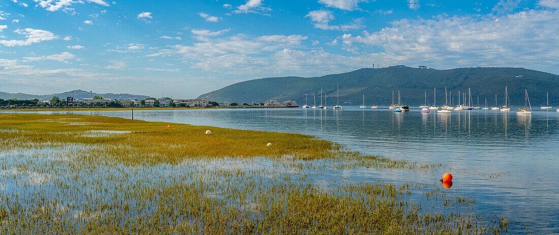 Blick auf Yachten auf dem Knysna River mit Featherbed Nature Reserve im Hintergrund, Knysna, Garden Route, Western Cape, Südafrika, Afrika