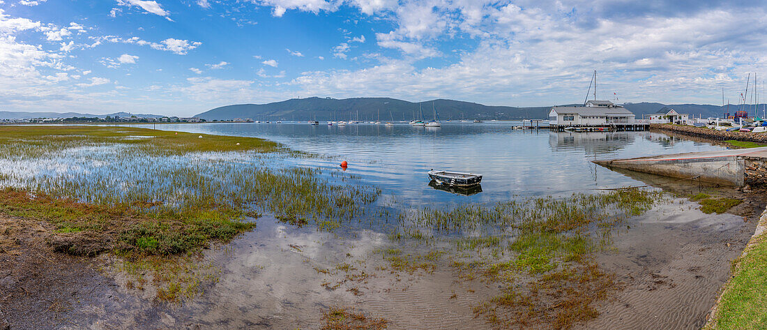 View of yachts and Knysna Yacht Club with Featherbed Nature Reserve in background, Knysna, Garden Route, Western Cape, South Africa, Africa