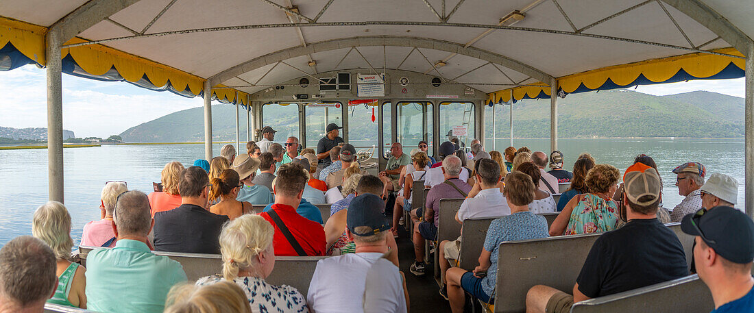 View onboard cruise boat on Knysna River with Featherbed Nature Reserve in background, Knysna, Garden Route, Western Cape, South Africa, Africa