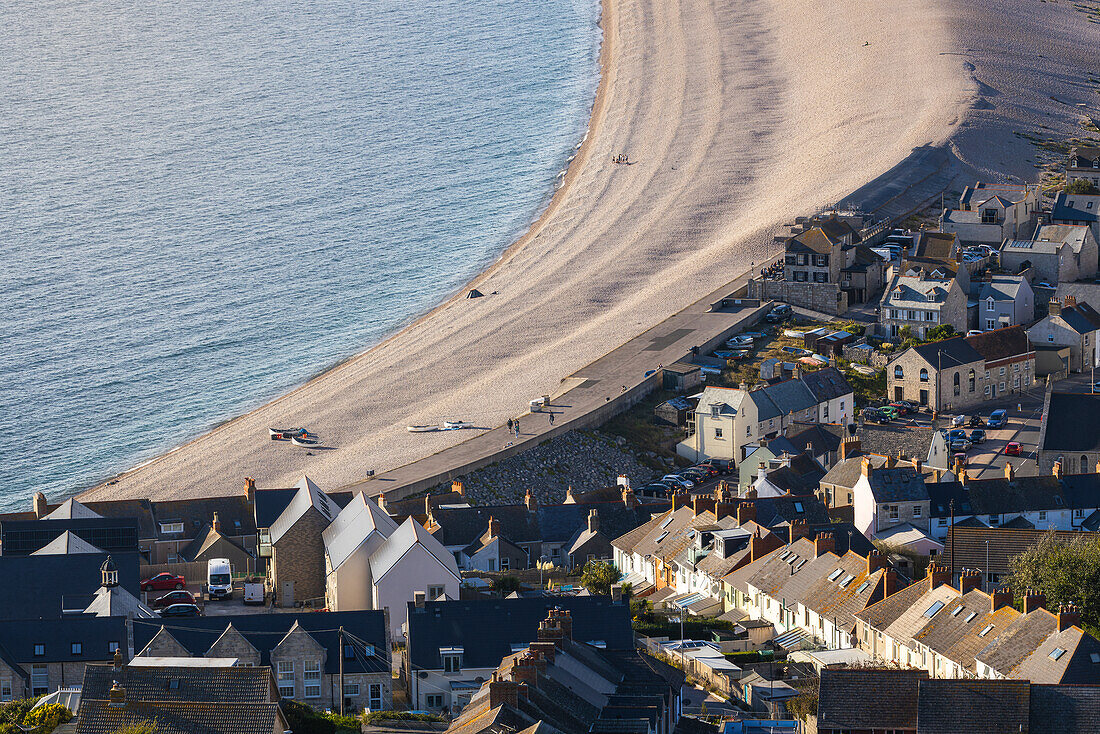 Elevated view of Chesil Beach at sunset, Jurassic Coast, UNESCO World Heritage Site, Dorset, England, United Kingdom, Europe