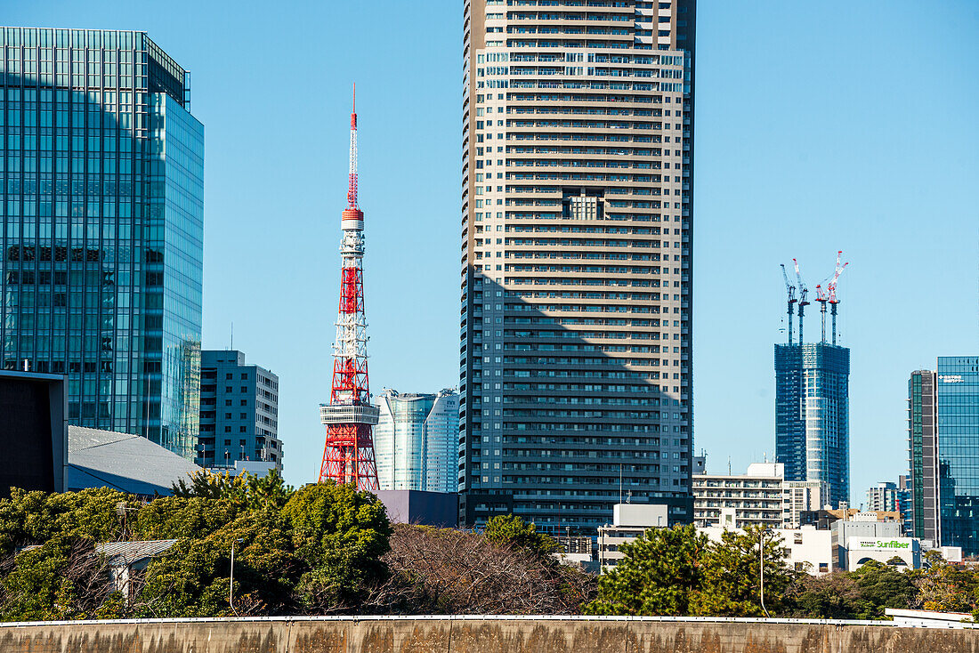 Wolkenkratzer in Tokio mit dem ikonischen roten Tokyo Tower, Tokio, Honshu, Japan, Asien