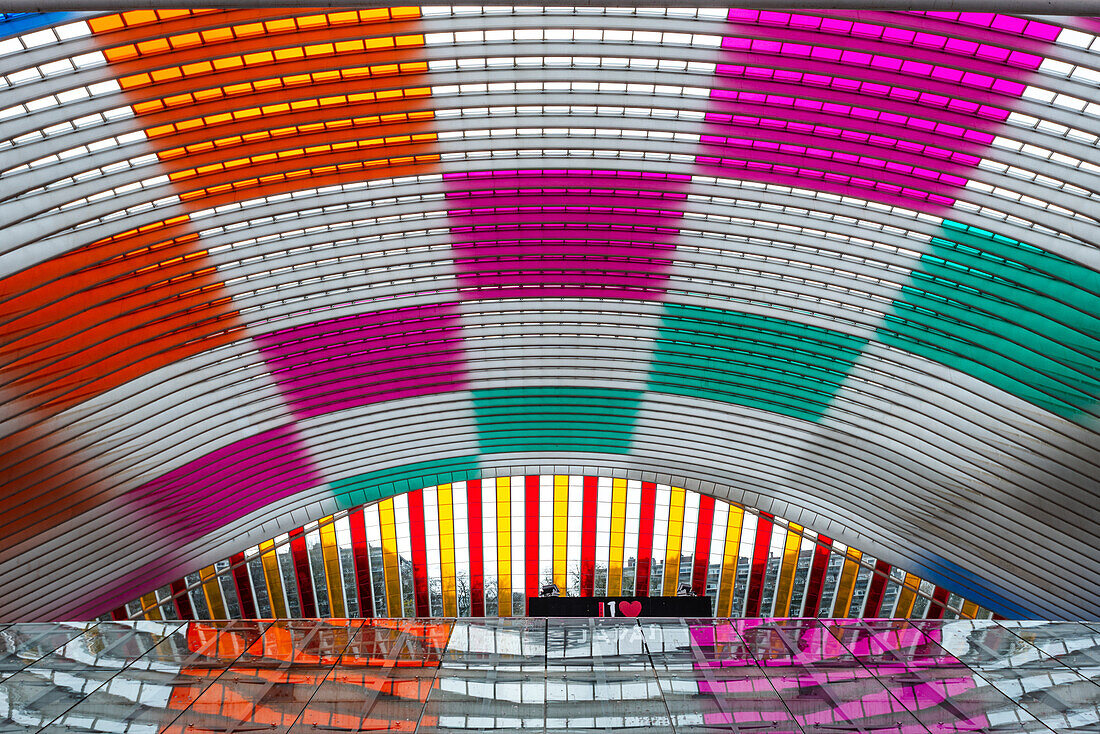 Einzigartiger bunter Bahnhof, Dach und Kuppel des Bahnhofs Liege-Guillemins, Lüttich, Belgien, Europa