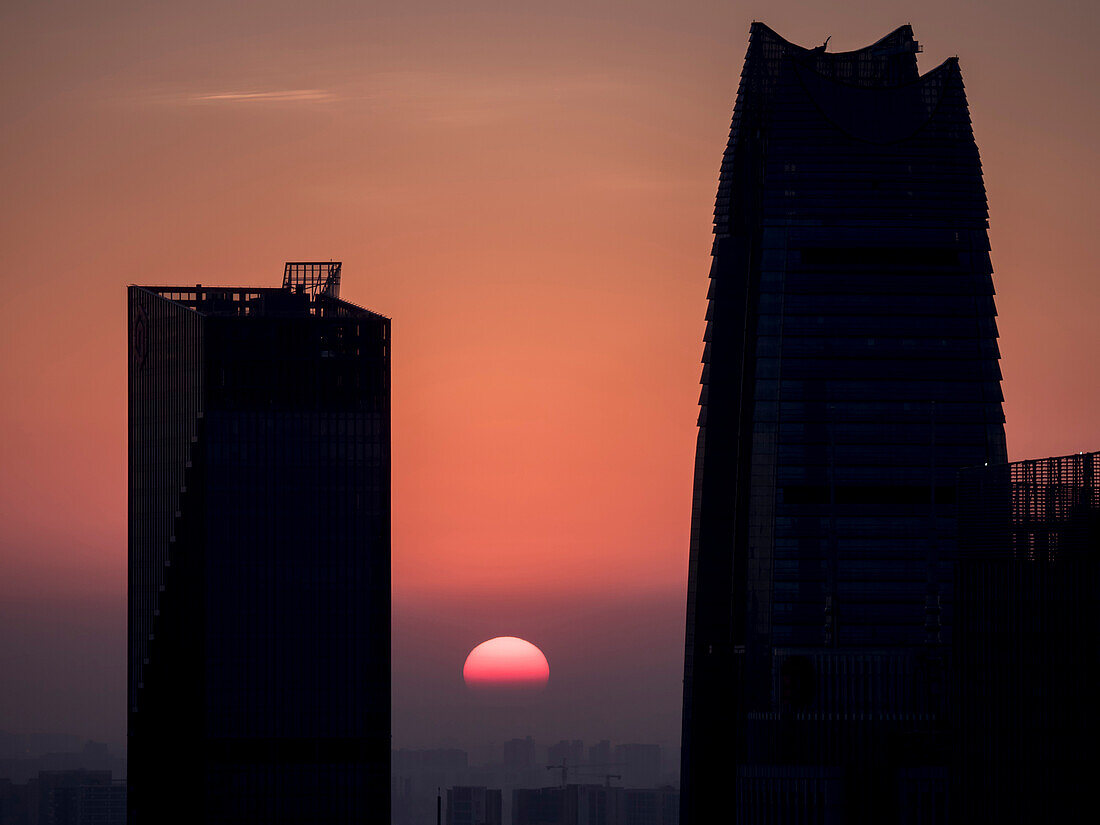 Skyscraper silhouettes, cityscape, Dongguan, Guangdong, China, Asia