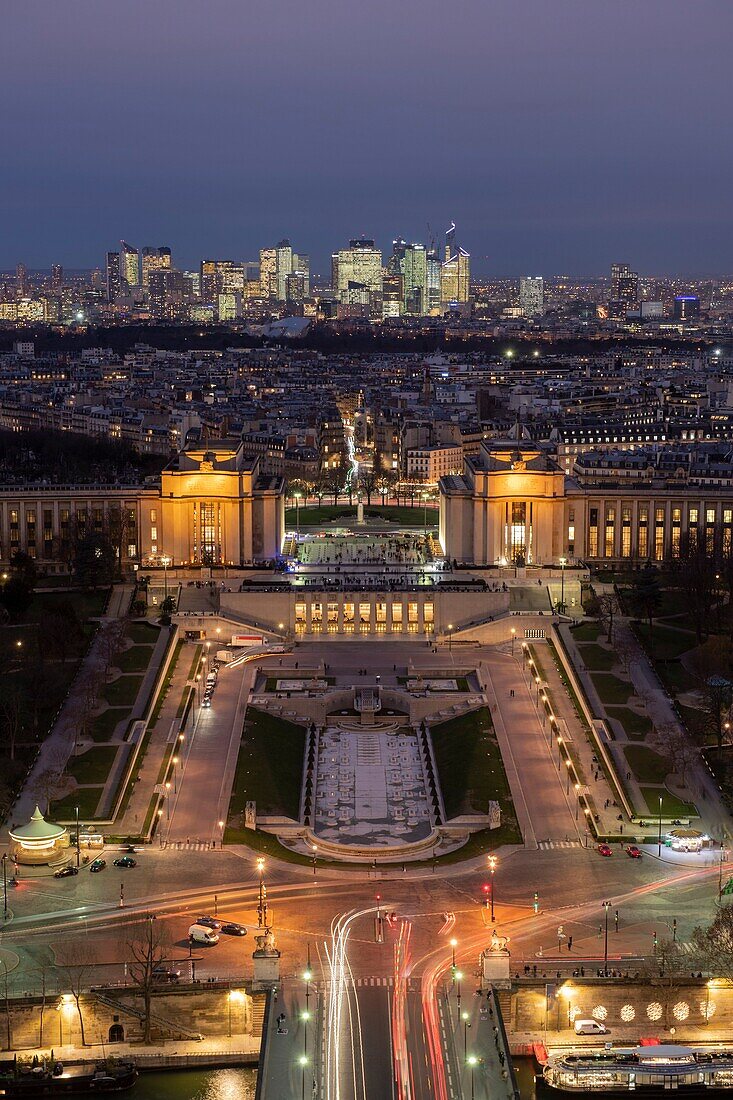 France, Paris (75), classified as UNESCO world heritage, general view by night of the Trocadéro from the Eiffel Tower