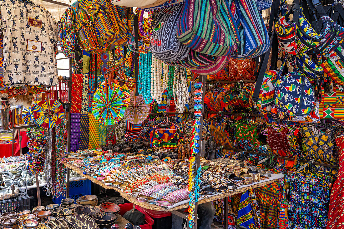 View of colourful souvenir stall on Greenmarket Square, Cape Town, Western Cape, South Africa, Africa