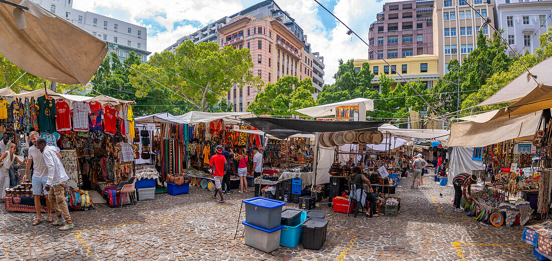 View of colourful souvenir stalls on Greenmarket Square, Cape Town, Western Cape, South Africa, Africa