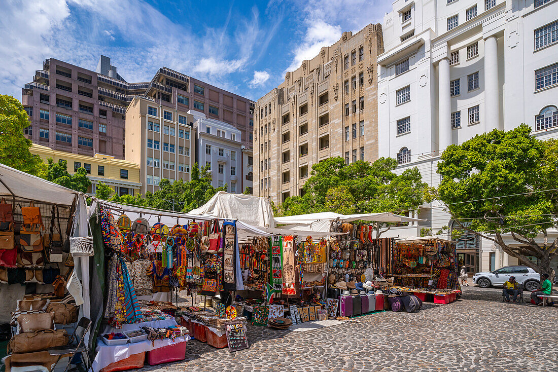 View of colourful souvenir stalls on Greenmarket Square, Cape Town, Western Cape, South Africa, Africa