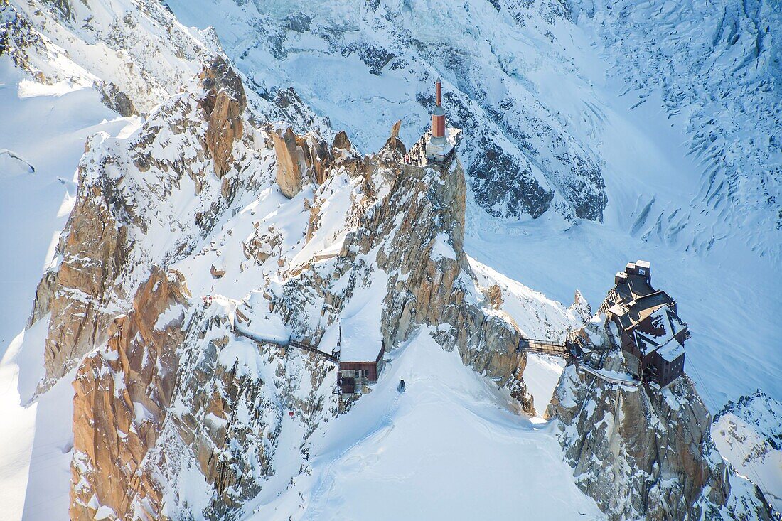 France, Haute Savoie, Chamonix Mont Blanc, Aiguille du Midi (aerial view)