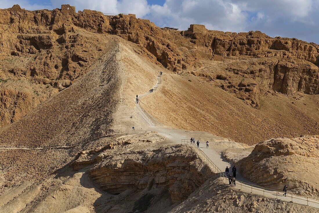 Israel, South District, Masada area and citadel at the World Heritage of UNESCO, trail called the Masada Snake Path