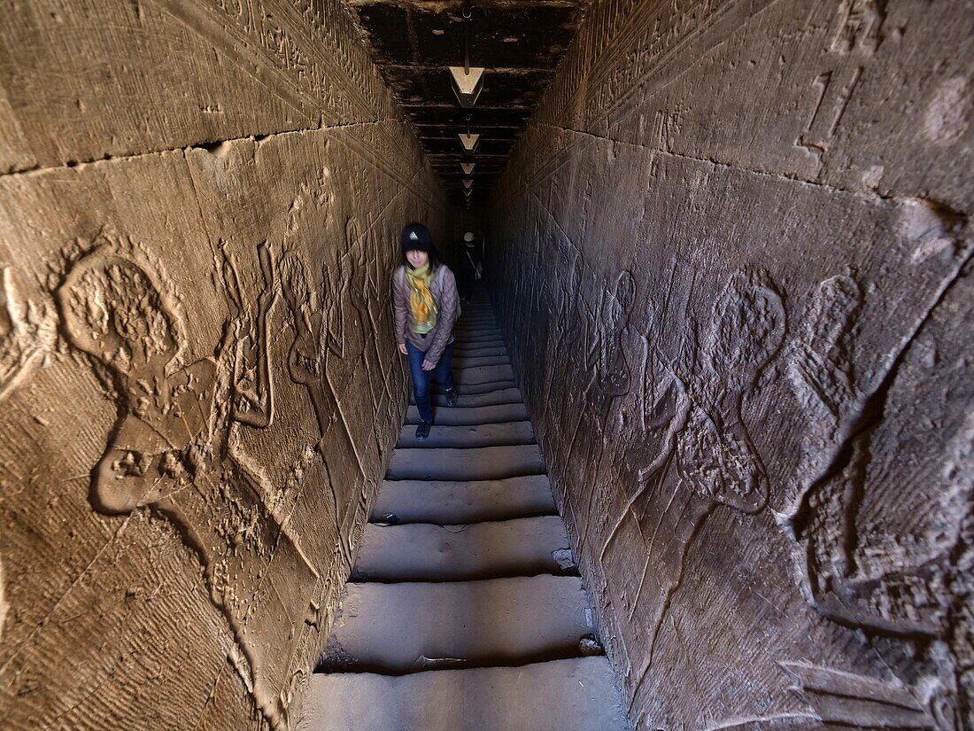 Ägypten, Oberägypten, Niltal, Edfu, dem Gott Horus geweihter Tempel, Flachreliefs in einem Korridor des Tempels von Edfu