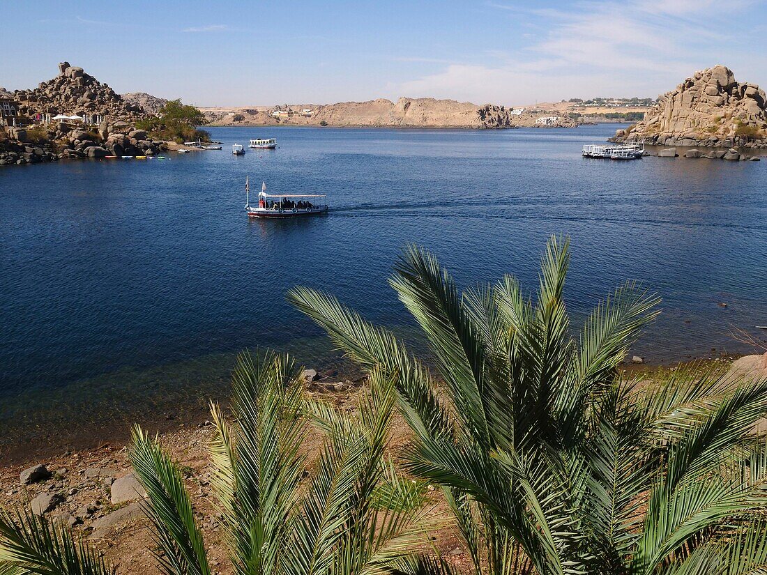 Egypt, Upper Egypt, Nubia, Nile Valley, Aswan, Island of Agilka, Arrival of tourists by boat to visit the Philae Temple World Heritage Site of UNESCO, the Temple of Isis