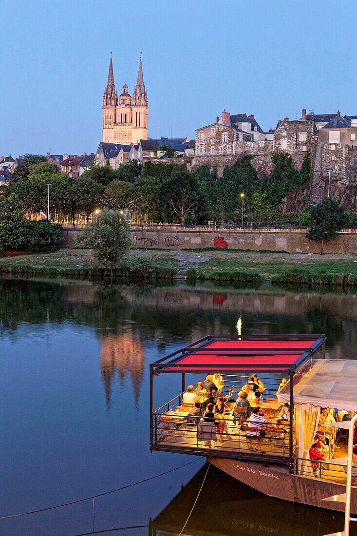 France, Maine et Loire, Angers, the river port, restaurant pizzeria L'eau à la Bouche with Saint Maurice cathedral