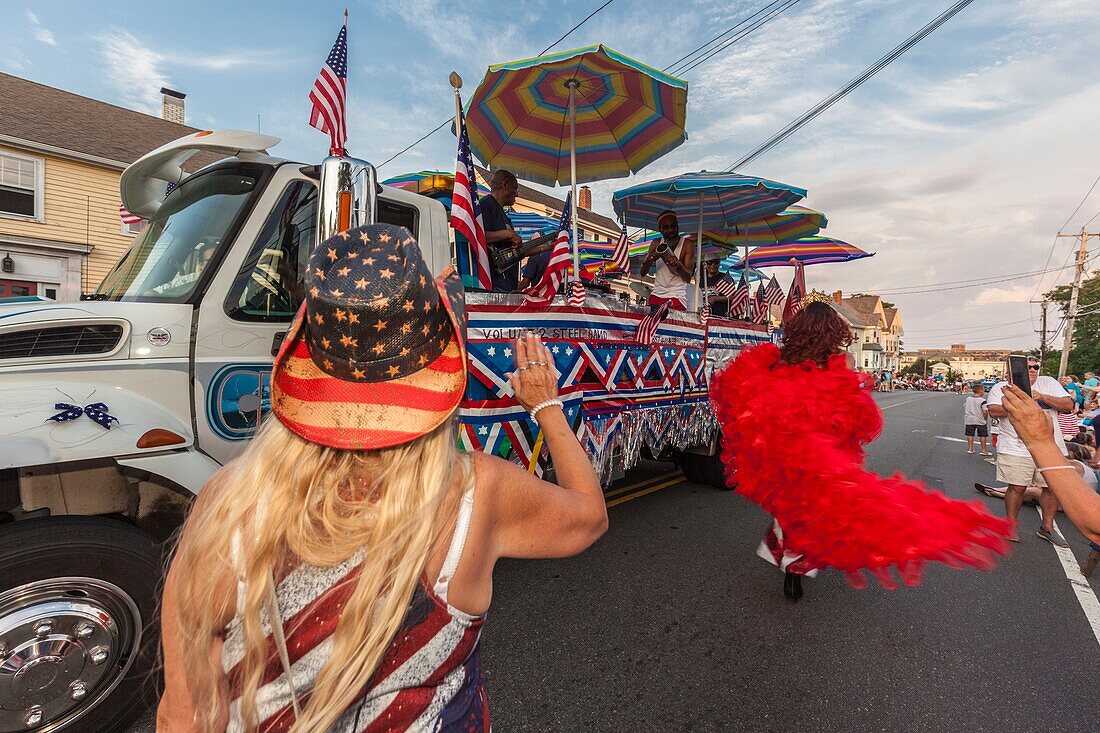 United States, New England, Massachusetts, Cape Ann, Gloucester, Gloucester Horribles Traditional Parade, July 3, Duchess Gigi, drag queen with woman in patriotic clothing