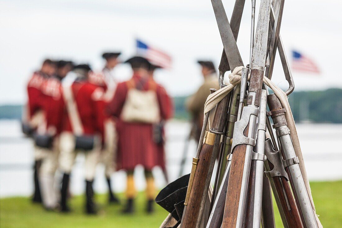 United States, New England, Massachusetts, Cape Ann, Gloucester, re-enactors of the Battle of Gloucester, August 8-9, 1775, battle convinced the Americans of the need of creating an American Navy to fight against the British, American Revolutionary War-era muskets