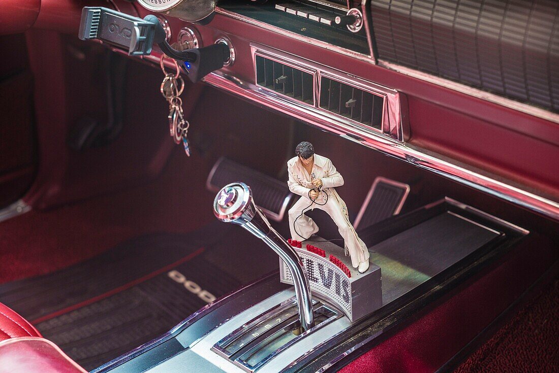 United States, New England, Massachusetts, Essex, antique cars, interior with miniture of Elvis Pressley