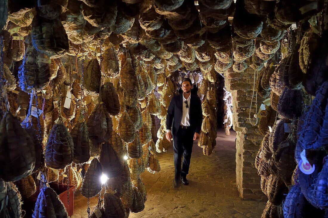 Italy, Emilia Romagna, Polesine Zibello near Parma, Antica Corte Pallavicina, Culatello maturing cellar, traditional ham of Parma