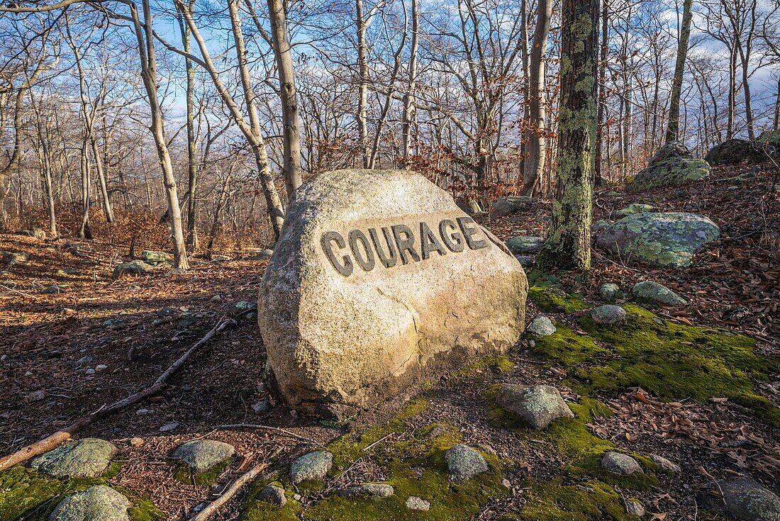 Vereinigte Staaten, Neuengland, Massachusetts, Cape Ann, Gloucester, Dogtown Rocks, inspirierender Spruch, der in den 1920er Jahren in Felsblöcke gemeißelt wurde, jetzt in einem öffentlichen Stadtpark, Courage