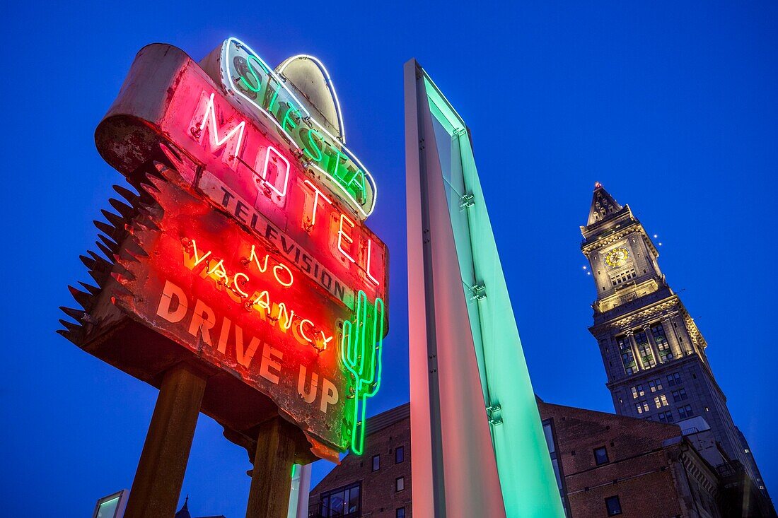 United States, New England, Massachusetts, Boston, antique neon signs along The Greenway, dusk