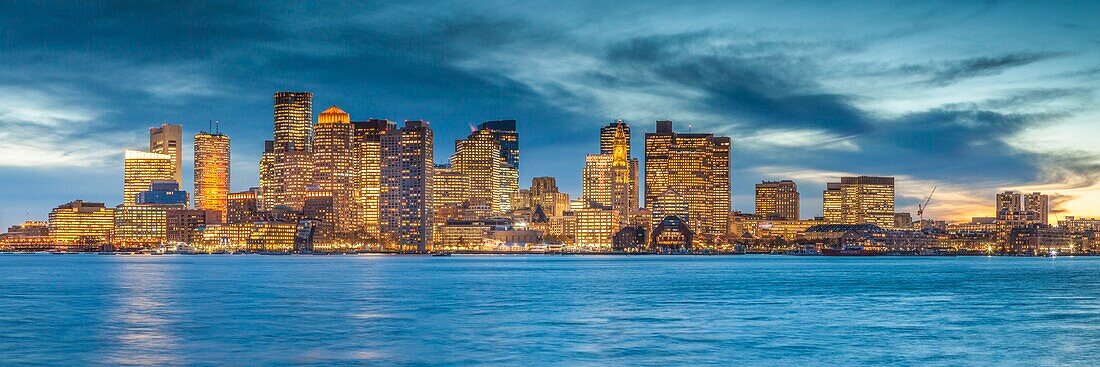 United States, New England, Massachusetts, Boston, city skyline from Boston Harbor, dusk