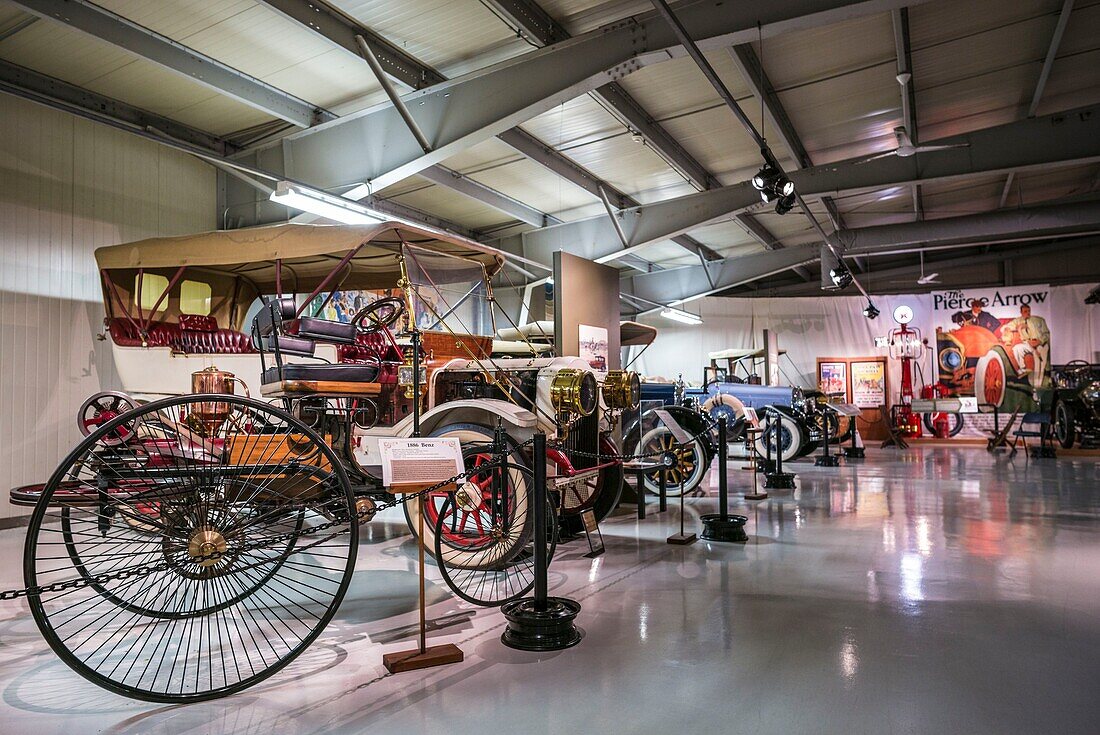 United States, Maine, Mt. Desert Island, Seal Cove, Seal Cove Auto Museum, interior with antique cars