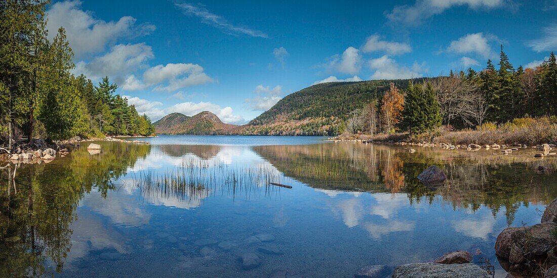 United States, Maine, Mt. Desert Island, Acadia National Park, Jordan Pond and The Bubbles, autumn