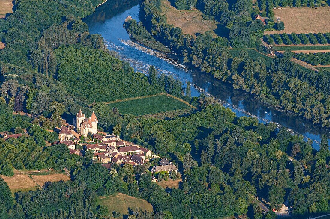 France, Dordogne, Castelnaud la Chapelle, castle of the Milandes dated 15th century (aerial view)