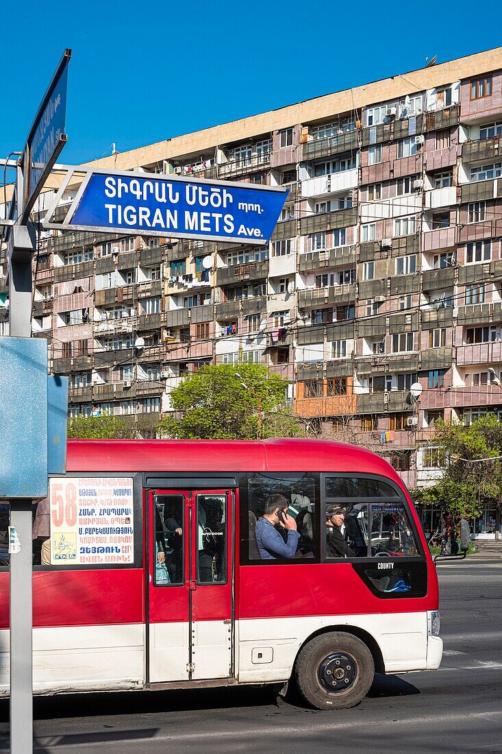 Armenia, Yerevan, building with Soviet architecture along Tigran Mets Avenue