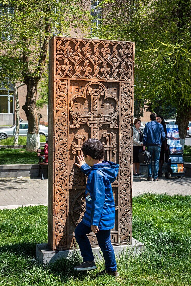 Armenia, Yerevan, open-air exhibition called Cultural Genocide : Symbol of Khachkars (cross stones, carved memorial steles) in the park situated at the junction of Nalbandyan and Hanrapetutyan streets