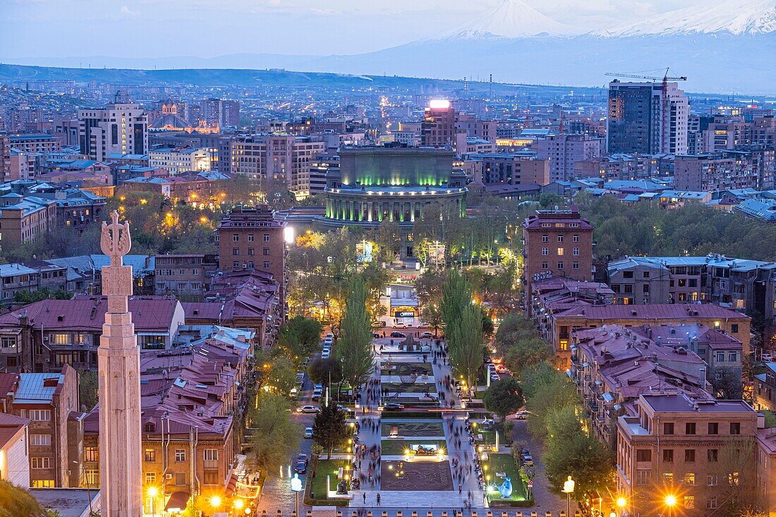 Armenia, Yerevan, panorama from the top of the Cascade, huge staircase of 572 steps built in the 70s, with terraced gardens, fountains and sculptures, Mount Ararat in the background