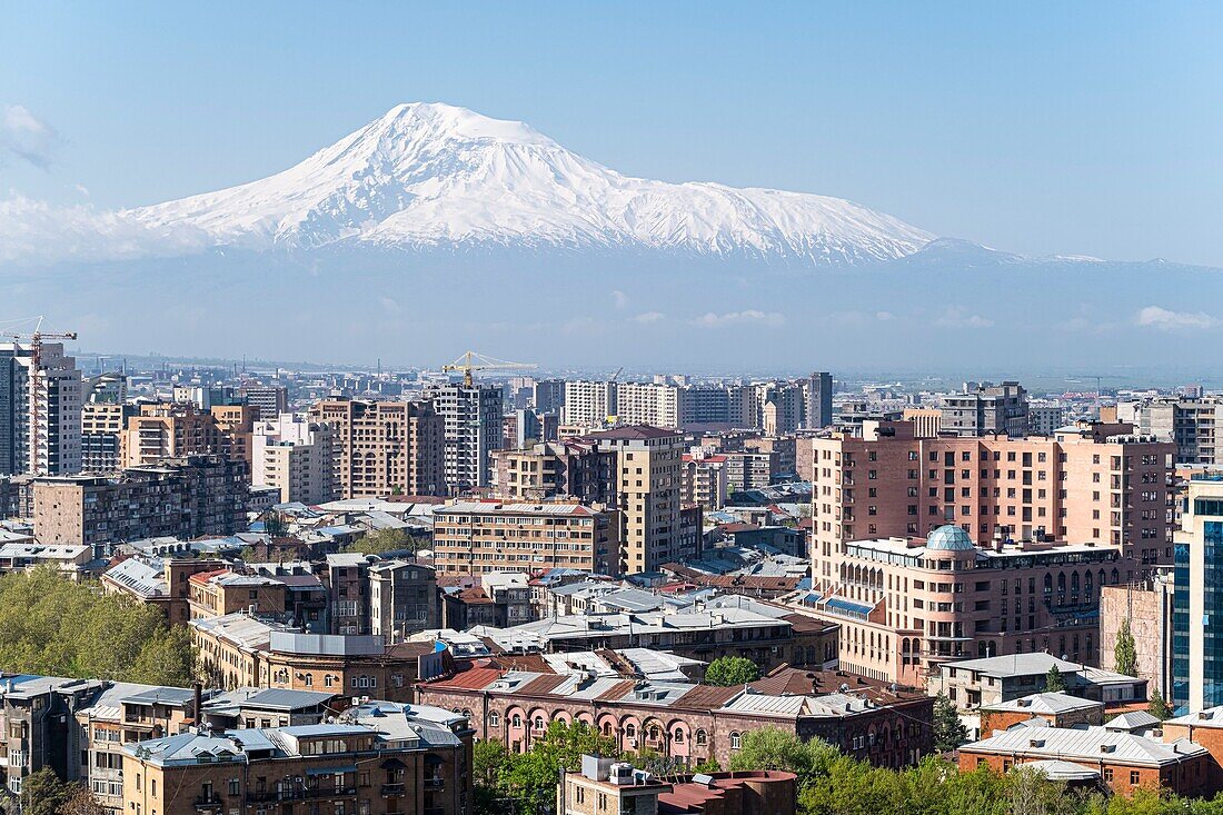 Armenia, Yerevan, panorama from the top of the Cascade, huge staircase of 572 steps built in the 70s, with terraced gardens, fountains and sculptures, Mount Ararat in the background