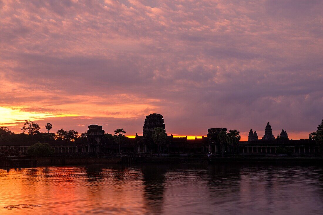 Cambodia, Angkor on World Heritage list of UNESCO, Angkor Vat temple, built in XII century by King Suryavarman II, sunrise