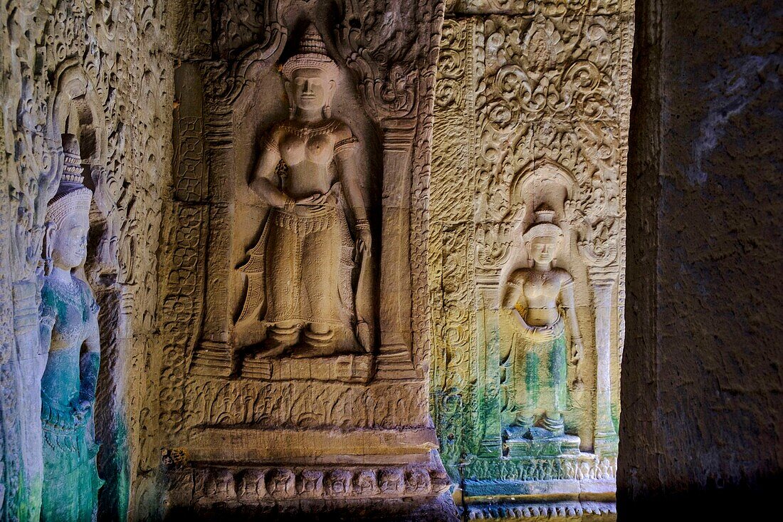 Cambodia, Angkor on World Heritage list of UNESCO, Preah Khan of Angkor, built in 1191 by King Jayavarman VII, Apsara statue