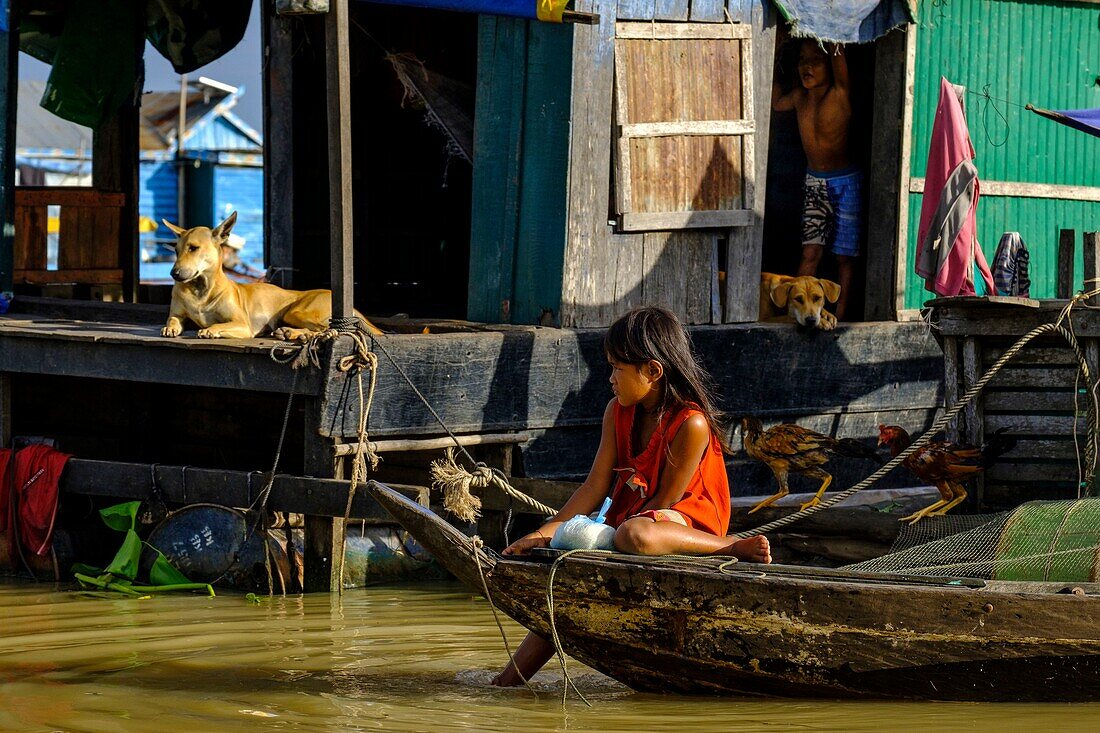 Kambodscha, Provinz Kampong Cham, Kampong Cham oder Kompong Cham, schwimmendes Dorf mit einer khmer- und viehdynamischen Gemeinschaft