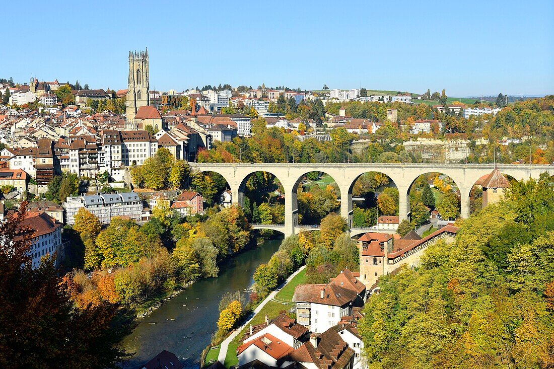 Schweiz, Kanton Freiburg, Freiburg, Kathedrale St. Nikolaus und Zähringerbrücke